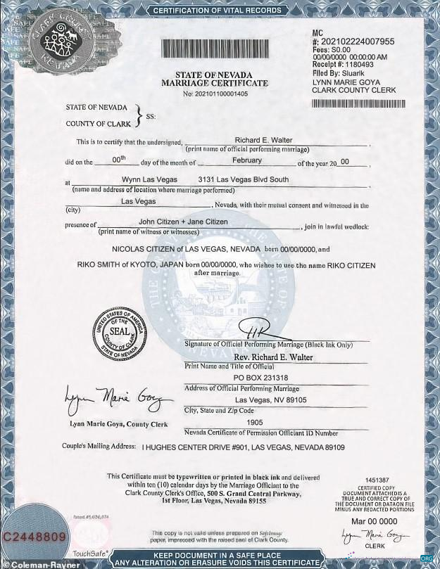Download USA Nevada state marriage certificate template in PSD format Photoshop template